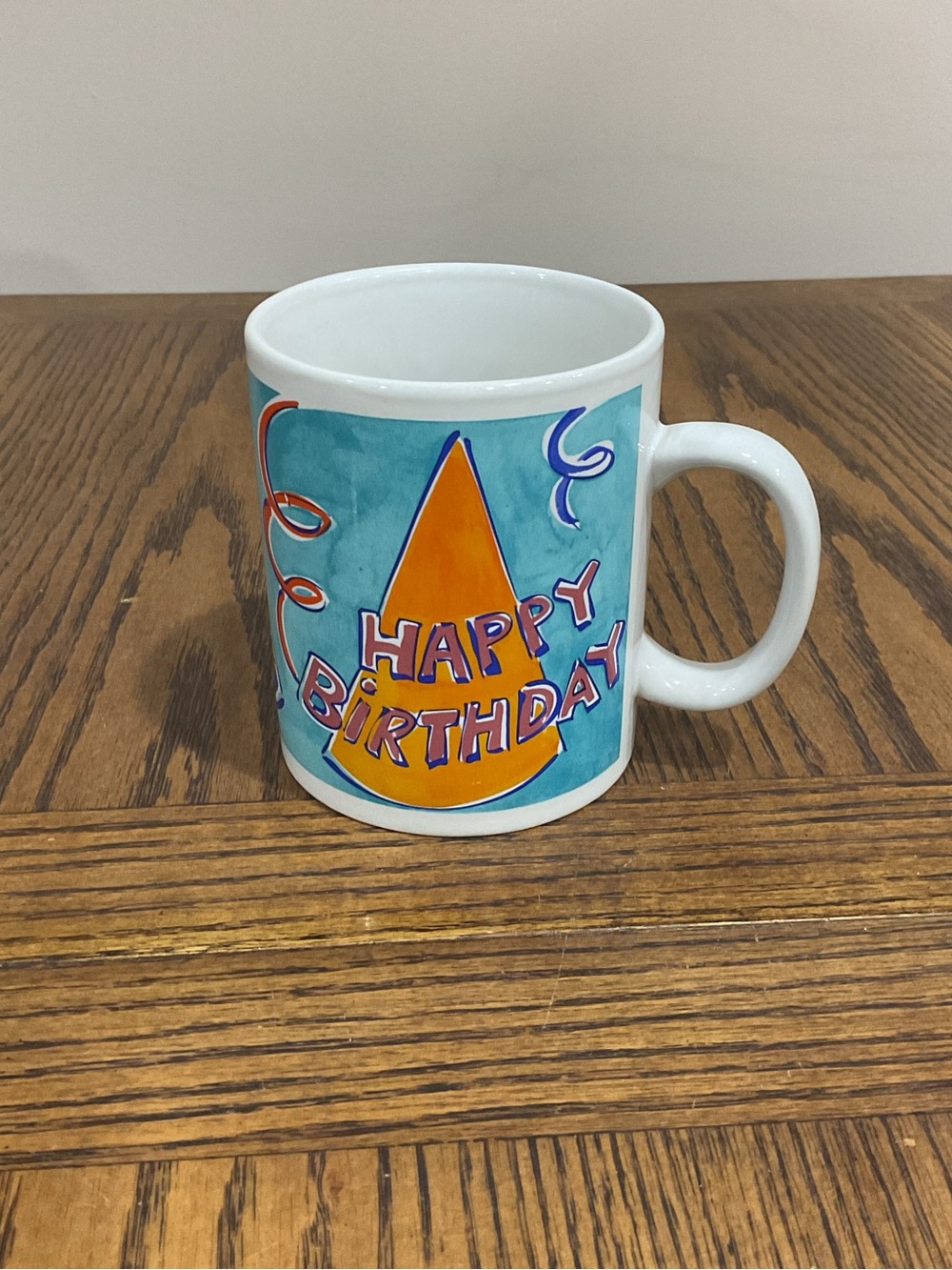 Large Happy Birthday Ceramic Mug with Orange Party Hat